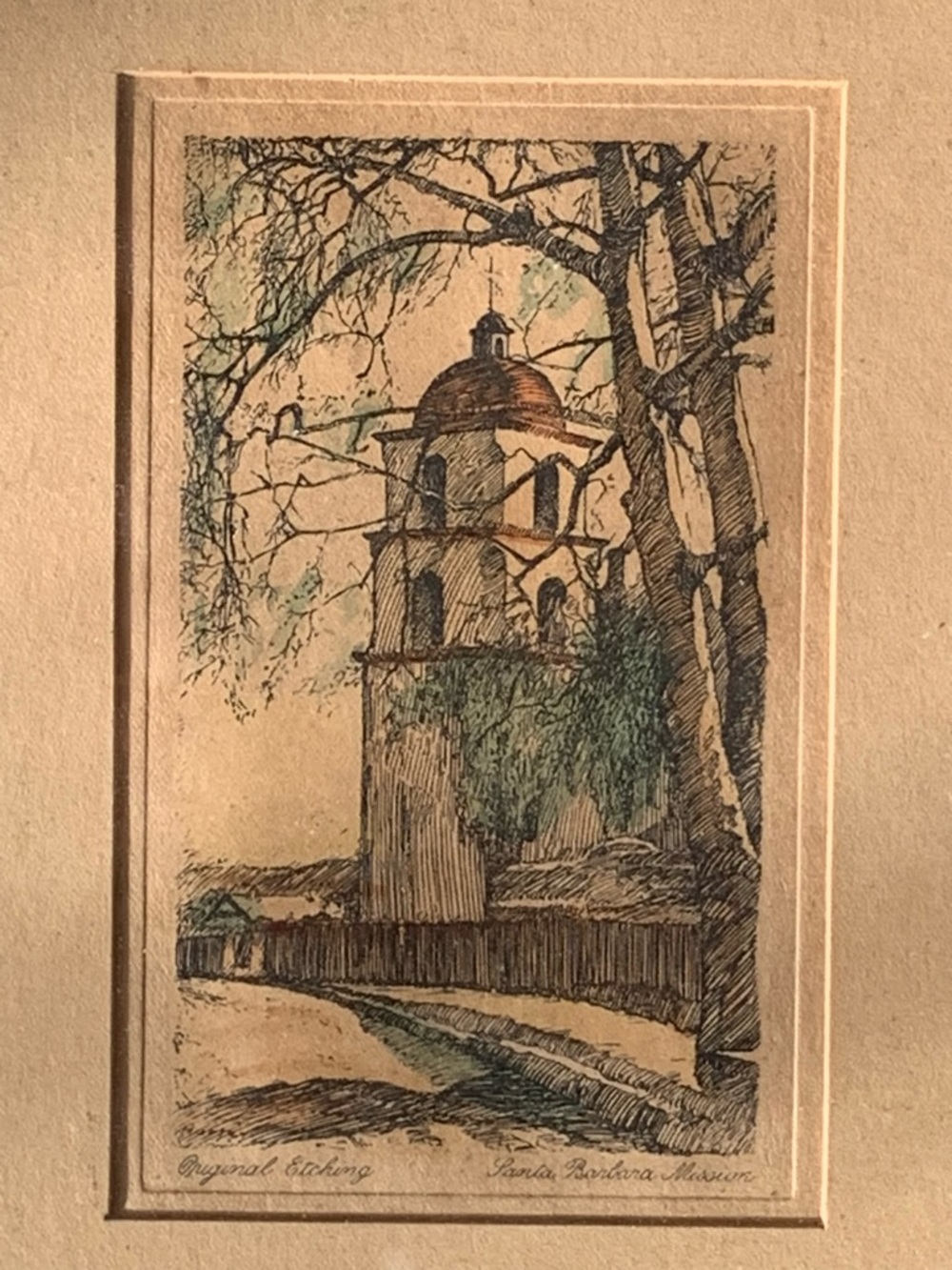Vintage Santa Barbara Mission Original Etching